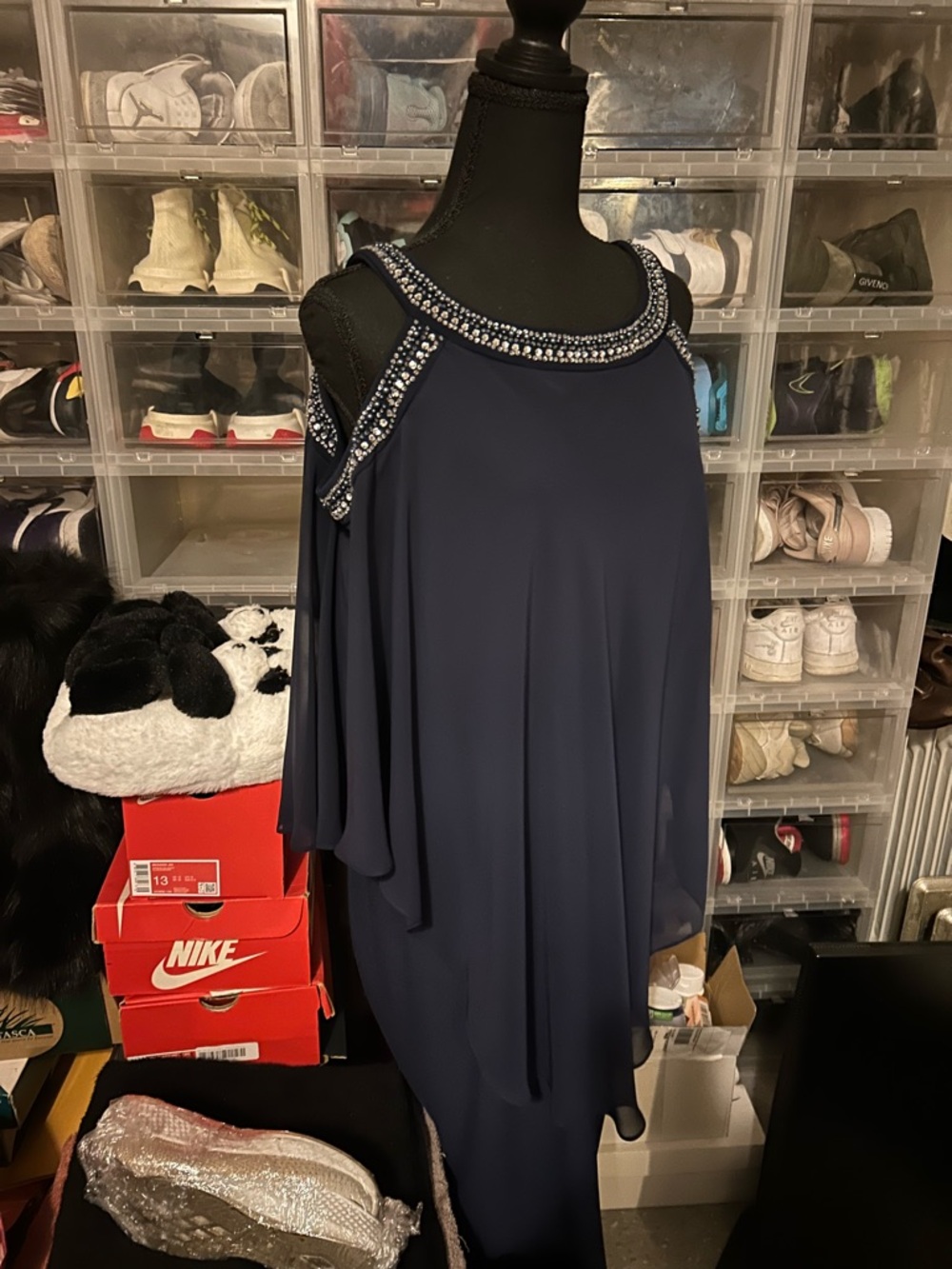 Alex Evenings Navy Shoulder Off,  Beaded Evening Gown